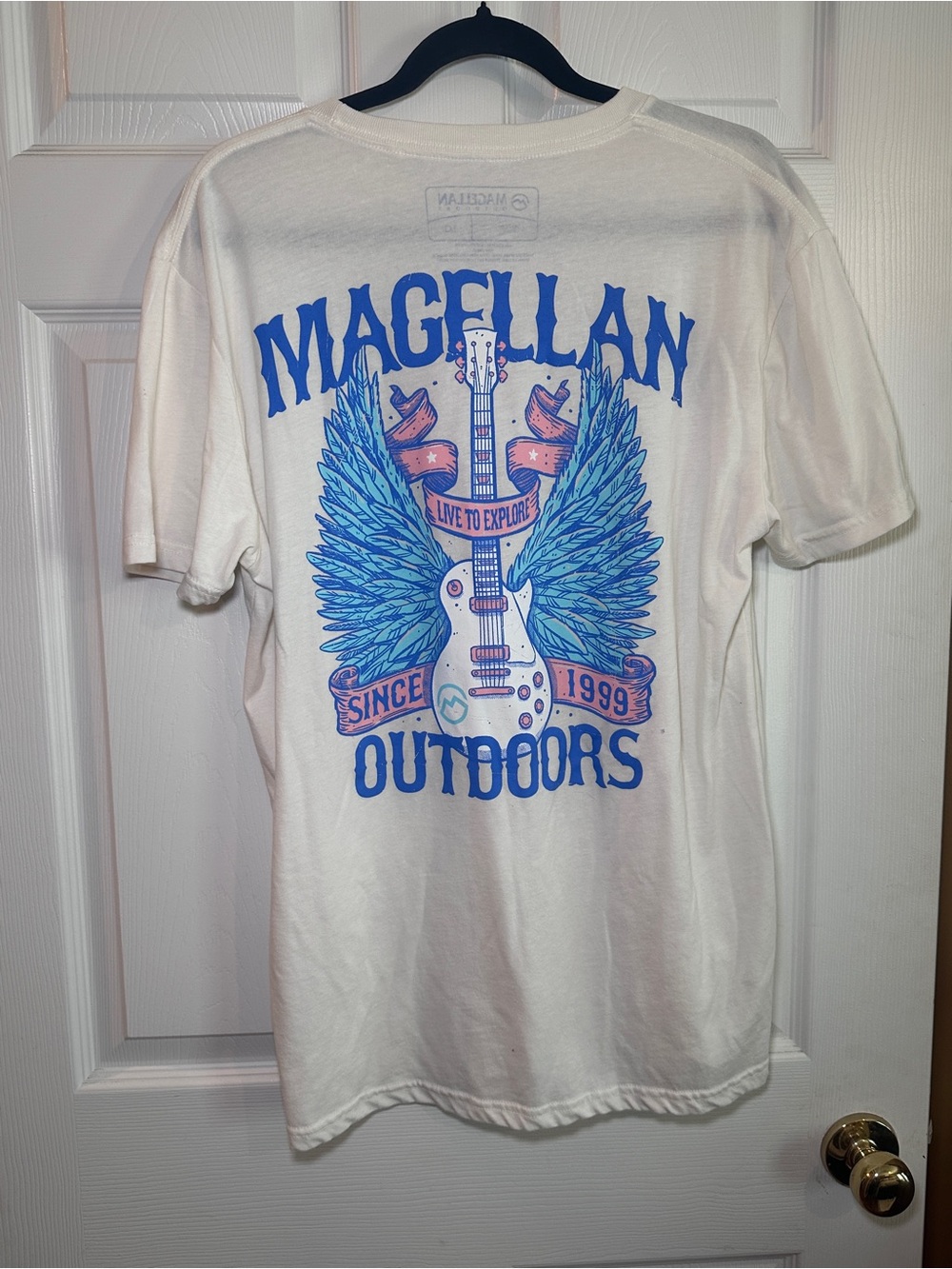 Magellan Outdoors Men's White Graphic Tee - Blue Winged Guitar Design